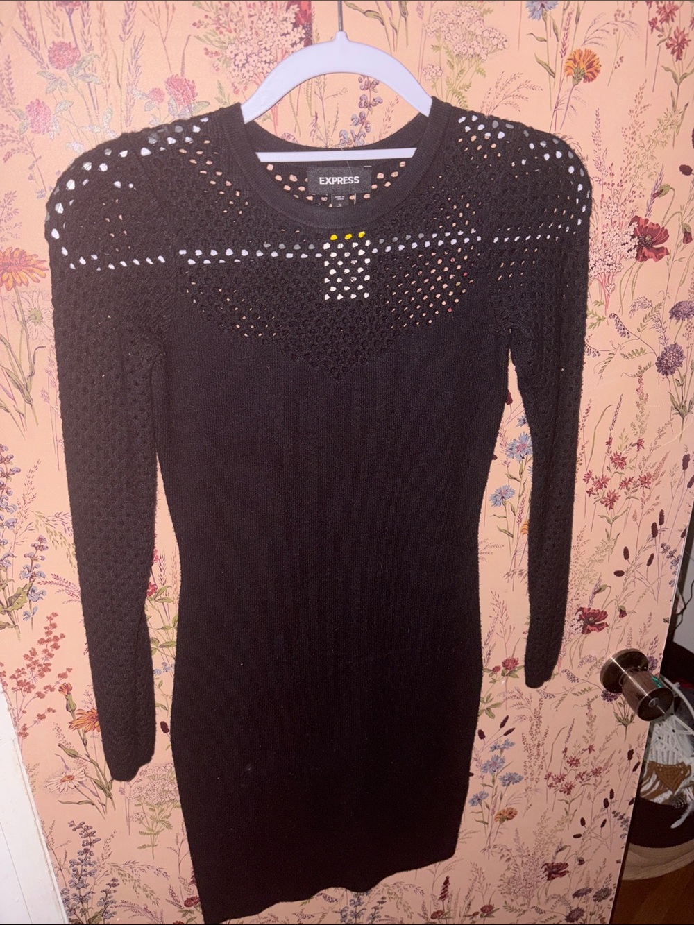 Express Black Long Sleeve Open-Stitch Yoke Knit Dress